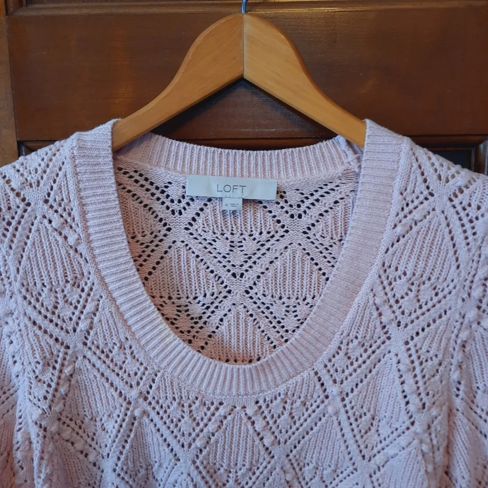 🛍 Loft 100% Cotton Light Pink Knit Pointelle Bobble Sweater Size Medium